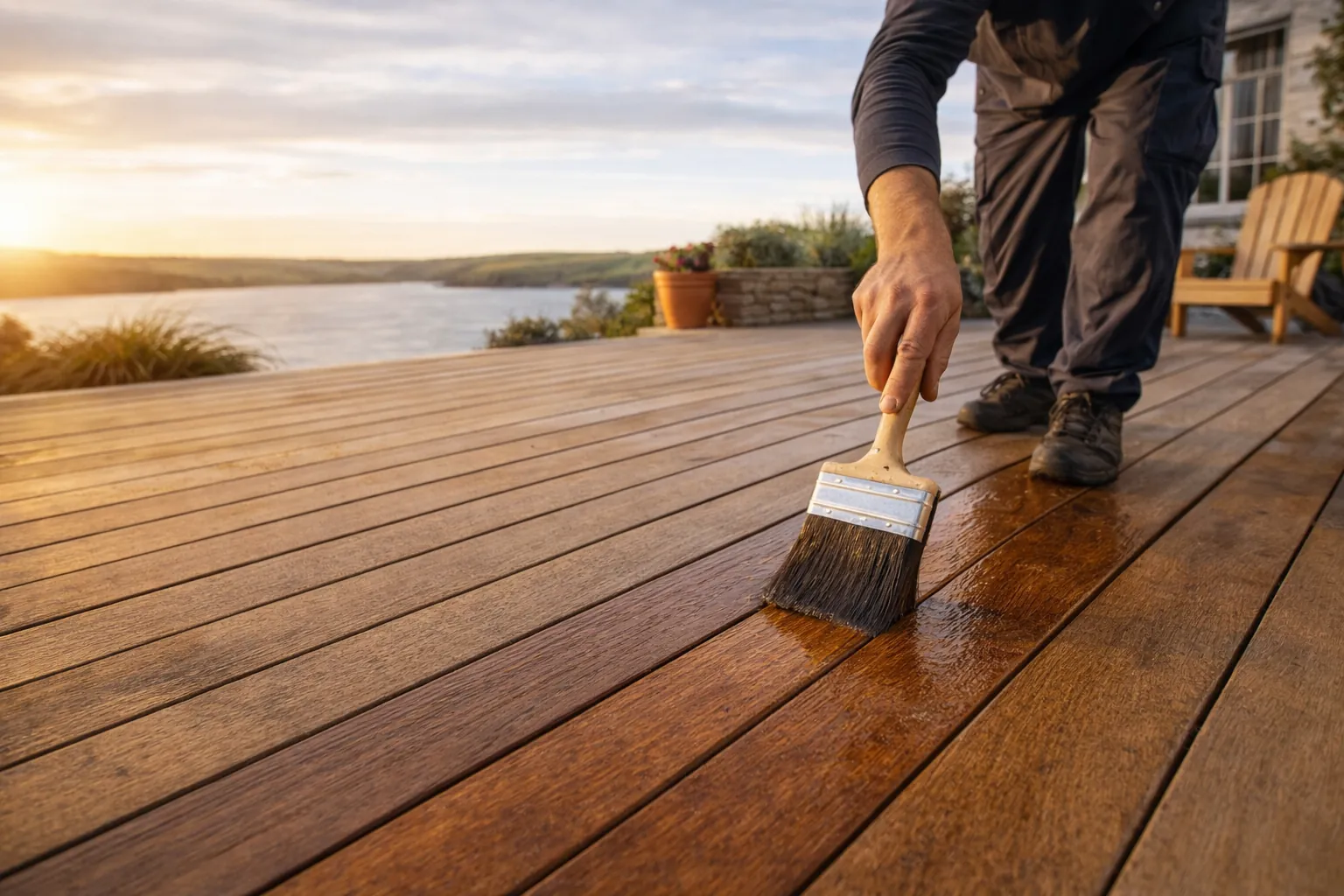Wooden decking cleaning, sanding and oiling treatment for coastal holiday homes in Cornwall